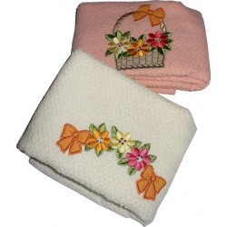 Set of Two Terry Kitchen Dish Towels - Flowers - Orange